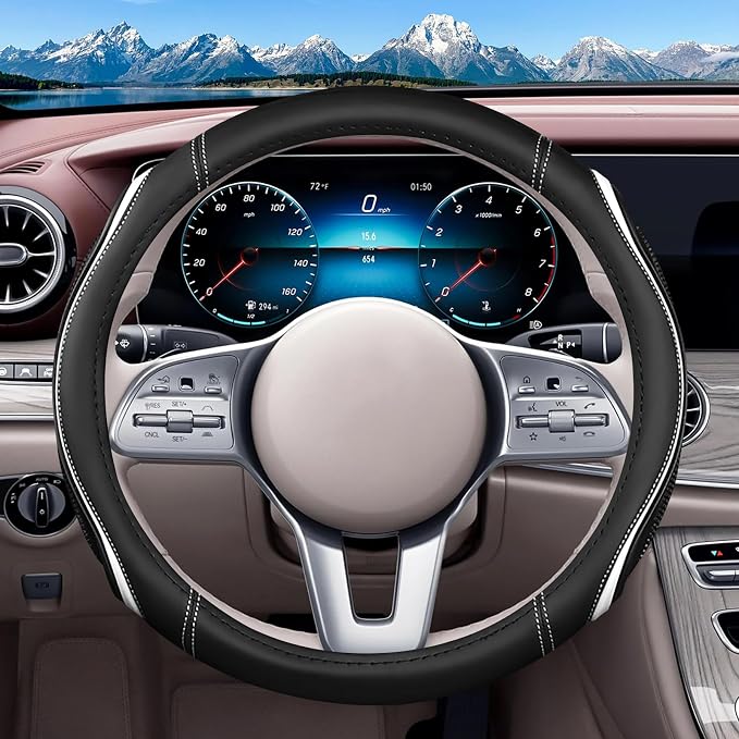 Leather Splicing Black White Car Steering Wheel Cover,14.5-15 Inch Universal Microfiber Leather Covers Breathable Anti-Slip Odorless Steering Wheels Accessories for Men Women