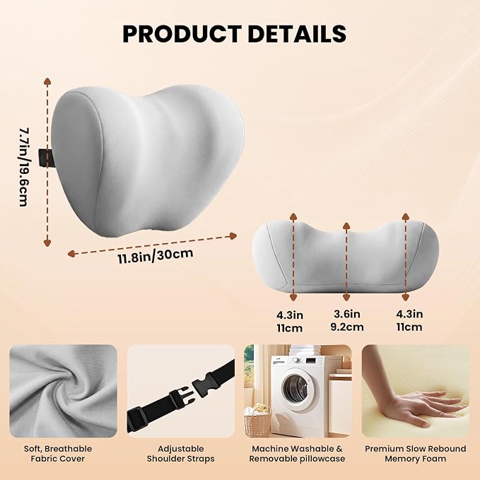 ZZ-WELL Car Headrest Pillow, Car Neck Pillow for Neck Pain Relief with Adjustable Strap, Memory Foam & Breathable Removable Cover, Travel Car Neck Pillow for Pain Relief While Driving (Grey, 1Pack)