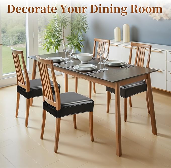 Waterproof Dining Chair Seat Covers Leather Kitchen Seat Covers, Stain Resistant Stretch Chair Seat Covers for Dining Room Chairs Set of 6, Rear Covered Washable Dining Chair Covers Black