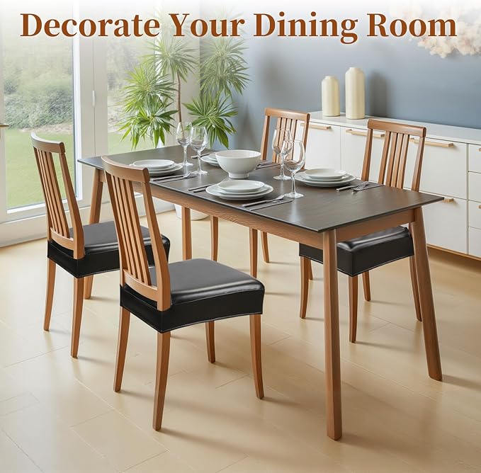 Waterproof Dining Chair Seat Covers Leather Kitchen Seat Covers, Stain Resistant Stretch Chair Seat Covers for Dining Room Chairs Set of 4, Rear Covered Washable Dining Chair Covers Black