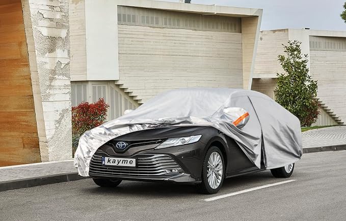 Kayme 6 Layers Car Cover Custom Fit for Toyota Camry Sedan/Solara (1996-2025) Waterproof All Weather for Automobiles, Outdoor Full Cover Rain Sun UV Protection with Zipper Cotton/Silver