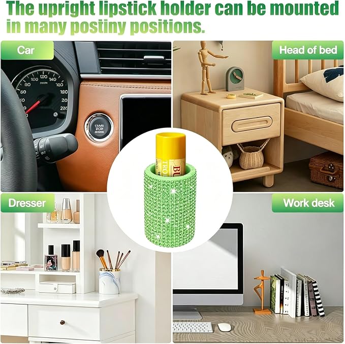 Upright Car Chapstick Holder, Bling Insulating Lip Balm Holder,Rhinestone Car Accessories for Women Interior ,Suitable for Most Vehicles. (Green)