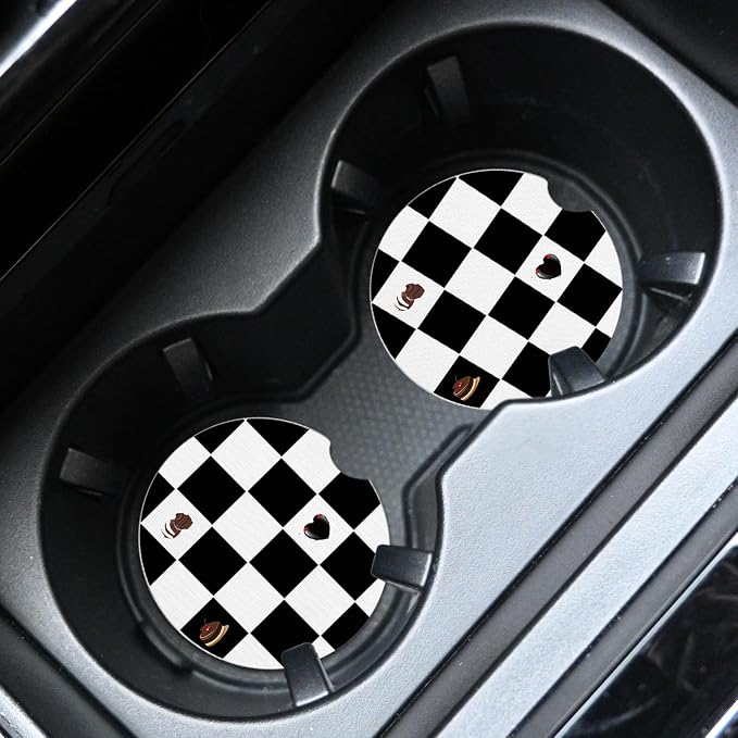 2pcs Black and White Checkerboard Car Coasters,Absorbent Universal neoprener Cup Holder Coasters with a Finger Notch,Car Accessories for Women&Man Interior，2.75"
