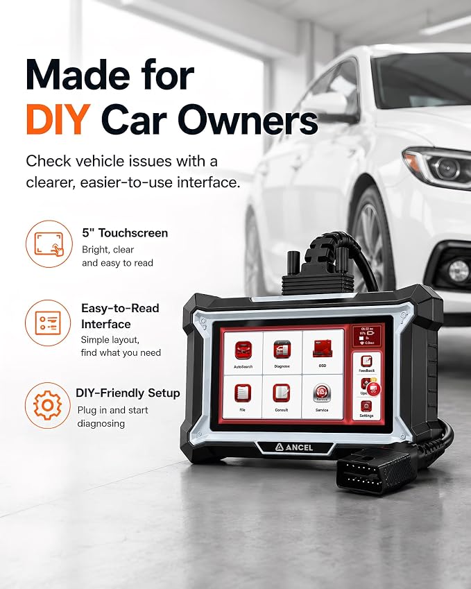 ANCEL DS100 OBD2 Scanner Diagnostic Tool, 4 System Car Code Reader for Engine ABS SRS Transmission, 7 Reset Functions, 5” Touchscreen, AutoVIN, Live Data, I/M Readiness for DIY Car Owners