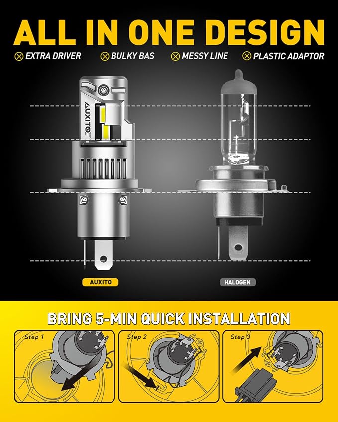 AUXITO New Upgraded H4 Bulbs, 900% Ultra Brightness, 1:1 Halogen Size, 6500K White, 9003 Fog Light, Non-polarity, Plug and Play, Pack of 2