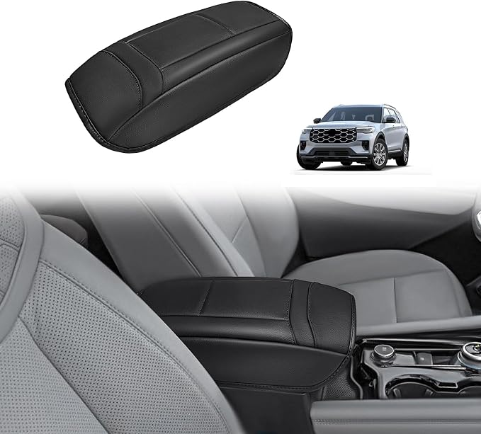 Muslogy Center Console Armrest Cover Fit for Ford Explorer 2020-2024 2025 2026 Accessories, Comfort Armrest Pad Console Lid Cushion Vegan Leather Regular Thick