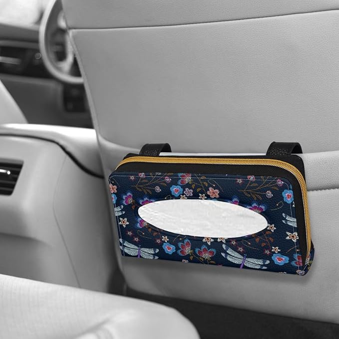 Dragonfly PU Leather Sun Visor Napkin Holder Car Standard Tissue Holder Luxury PU Leather Backseat Tissue Holder FitsSedans SUV Trucks