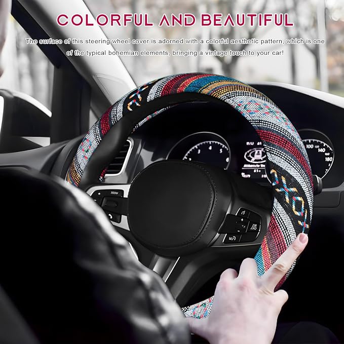 Boho Steering Wheel Cover, Anti-Slip Coarse Flax Cloth Ethnic Style Auto Wheel Cover, Breathable Boho Auto Steering Wheel Protector for Women Men, Car Accessories (Style D)