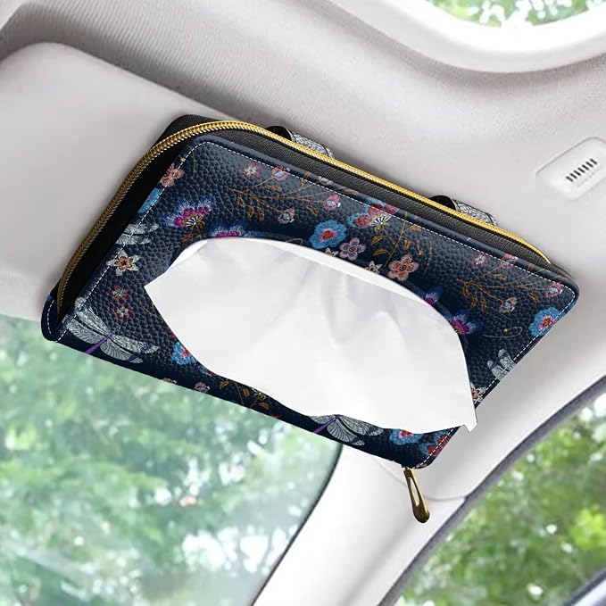 Dragonfly PU Leather Sun Visor Napkin Holder Car Standard Tissue Holder Luxury PU Leather Backseat Tissue Holder FitsSedans SUV Trucks