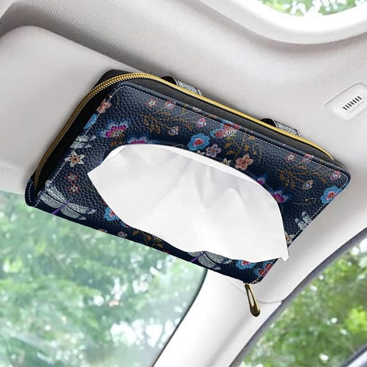 Dragonfly PU Leather Sun Visor Napkin Holder Car Standard Tissue Holder Luxury PU Leather Backseat Tissue Holder FitsSedans SUV Trucks