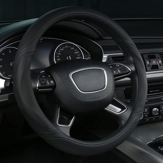 ALEMODR Black Leather Steering Wheel Cover Universal 15 inch