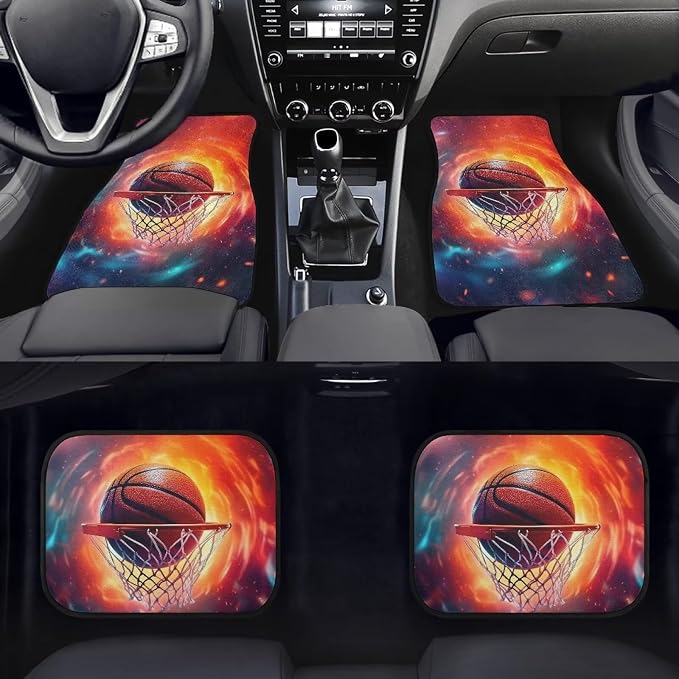 Basketball Print Car Floor Mats Set of 4 Abstract Fire Sports Ball Universal Vehicle Floor Carpet Decorative Auto Front Rear Foot Rugs for Trucks SUV Sedan