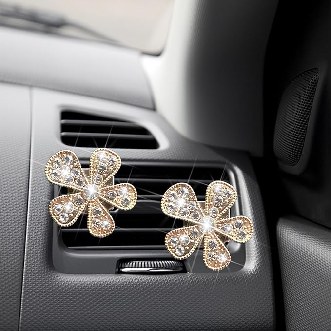 Mandark 6PCS Bling Daisy Flower Car Air Vent Clip, Crystal Rhinestone Vehicle Air Vent Outlet Clip, Cute Auto Air Conditioning Clip Charm Interior Decor Accessories for Women Girls（Golden）