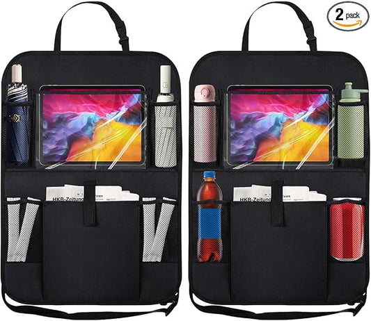 2PCS Car Backseat Organizer with Clear 10" Tablet Holder + 5 Storage Pockets - Seat Back Protector Kick Mats for Kids - Car Back Seat Storage Organizer - Road Trip Essentials Travel Accessories