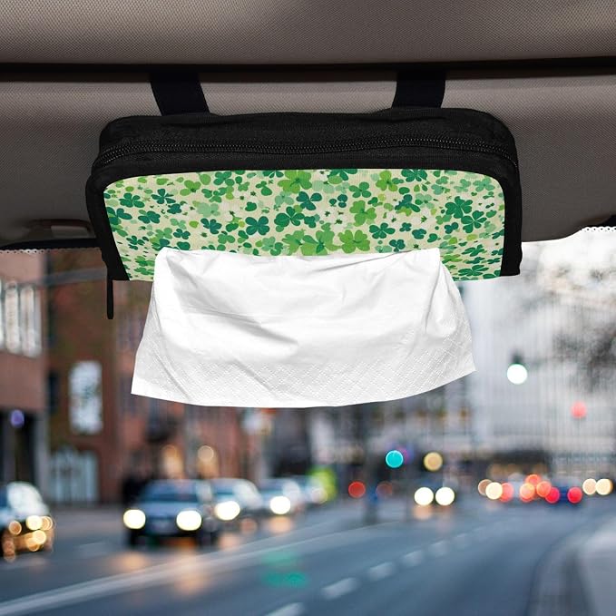 Car Visor Tissue Holder Mask Holder for Car, Car Tissue Box Sun Visor Napkin Holder Car Visor Accessories Adjustable Straps Reusable Durable Easy to Install Saint Patricks Green Clovers