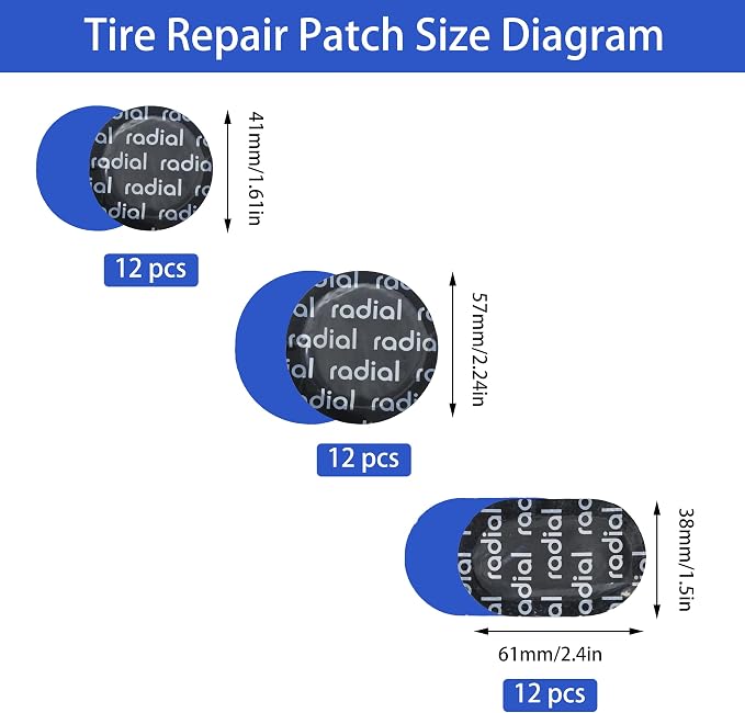 TP-MRV3b Radial Tire Patch Kit 36 pcs(Dia. 1 5/6" (41 mm) 12 pcs, Dia. 2 1/4" (57 mm) 12pcs and 1 1/2" x 2 3/8" (38 x 61 mm) 12 pcs in a Box)