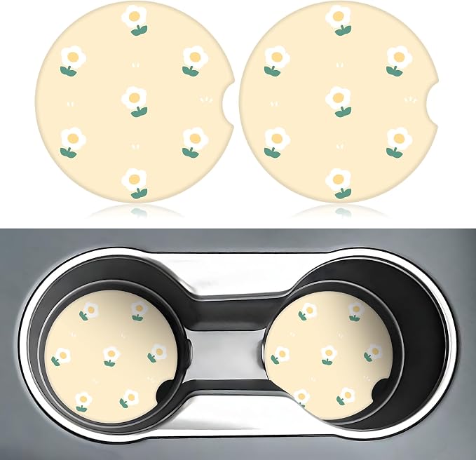 Cute White Flower Car Coasters for Cup Holders,2 Pack Car Cup Holder Coasters for Car,Ceramic Absorbent Car Coaster with A Finger Notch and Cork Base,Car Interior Accessories for Women Men