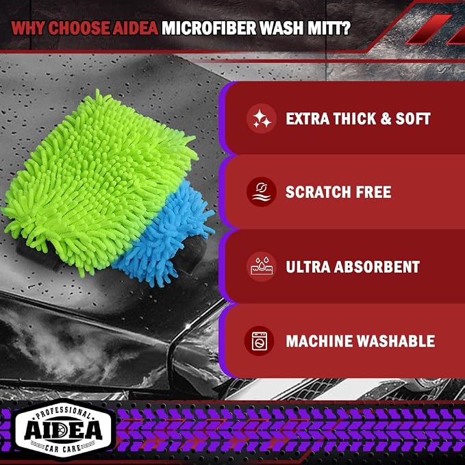 AIDEA Car Wash Mitt Microfiber, 2PK, Car Wash Brush, 7.12''X10.14'' | Scratch Free Lint-Free, Premium Chenille Microfiber Mitt, Regular Size, Green & Blue
