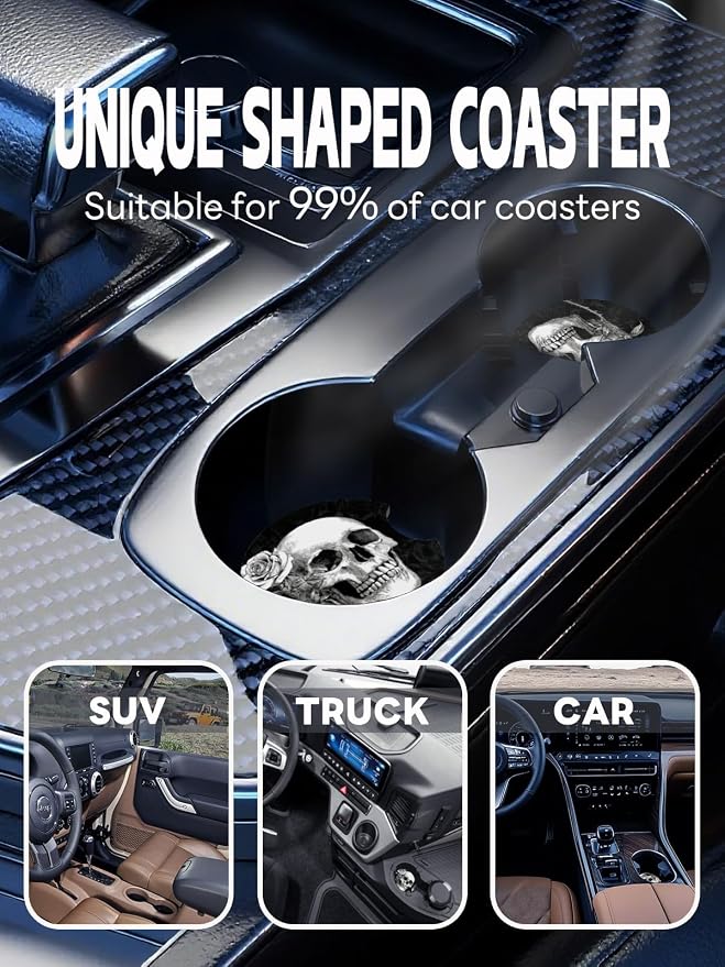WOCOCN Car Coasters,Cup Holder Coasters for Car,2.75inch Anti Slip and Absorbent,Cute Automotive Interior Accessories for Cup Holder,Pack of 2 (Rose Skull)