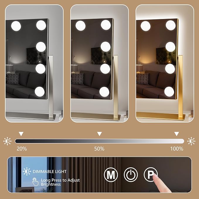 Ratsamee Portable Travel Makeup Mirror with Lights, 2500mAh Rechargeable Vanity Mirror with Touch Control, 3 Color Lighting Dimmable, 7x10Inch Adjustable Desktop Cosmetic Mirror for Bathroom, Bedroom