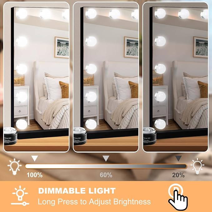Moonee Vanity Mirror with Lights, Black Hollywood Lighted Makeup Mirror with 15 Dimmable Bulbs and 10X Magnification, 3 Colors Modes, Aluminum Metal Frame, Light Up Mirror for Tabletop/Wall（23" x 18"）