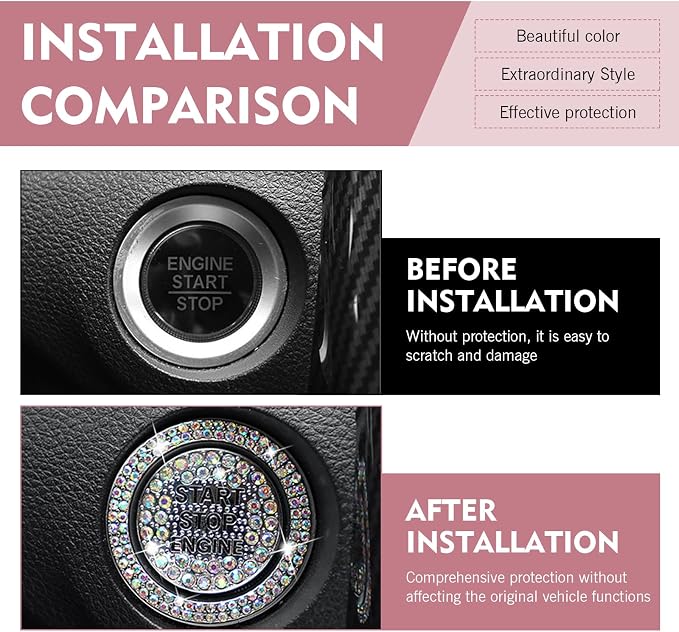 Crystal Rhinestone Car Engine Stop Decoration Ring Sticker, Sparkling Rhinestone Push Start Button Decorative Cover, Bling Interior Accessories for Women, Universal for Most Car(Multicolored)