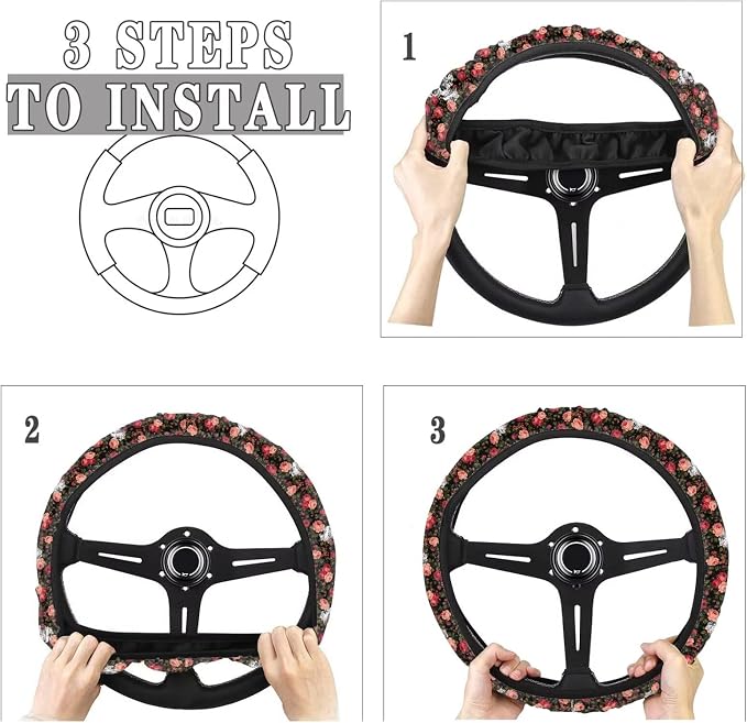 AFPANQZ Auto Steering Wheel Covers Anti-Slip Safety Stretch-on 14-15 inch | Skull Flower Print, Steering Wheel Protector with Cloth for Women Keep Warm Comfort Grip Sweat Absorption Neoprene