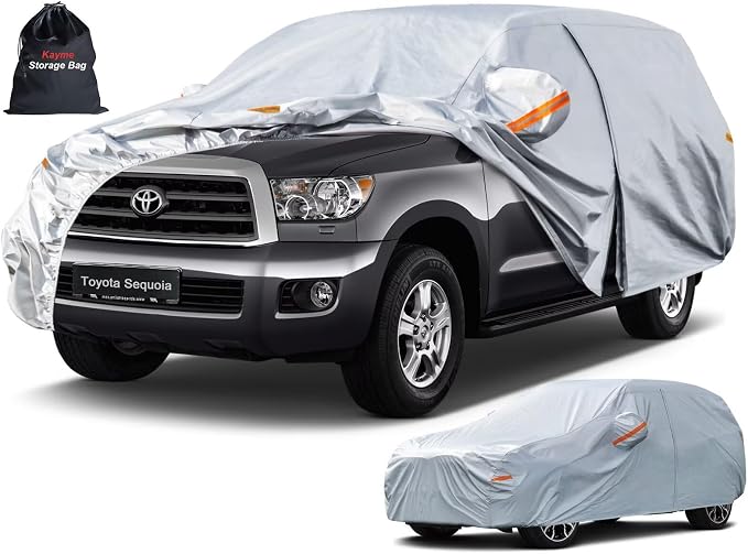 Kayme 6 Layers SUV Car Cover Custom Fit for Toyota Sequoia (2000-2026), Waterproof All Weather for Automobiles,Rain Sun UV Protection.Silver