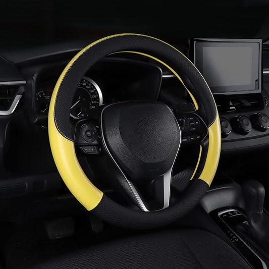 Auto Car Genuine Leather Steering Wheel Cover Anti Slip Wrap 15" (Yellow)