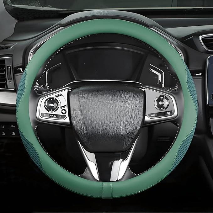 Car Steering Wheel Cover, Microfiber Breathable Ice Silk Leather Steering Wheel Cover Soft Anti-Slip Safety, 15inch Four Season Universal Fits for Most Truck,SUV,Cars (Green)