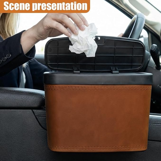 Mini Car Trash Can with Lid, Water-Resistant Leakproof Garbage Can, Small Auto Door Storage Trash Bin, Multipurpose Vehicle Interior Organizer Accessories for Car Home Office(Brown)