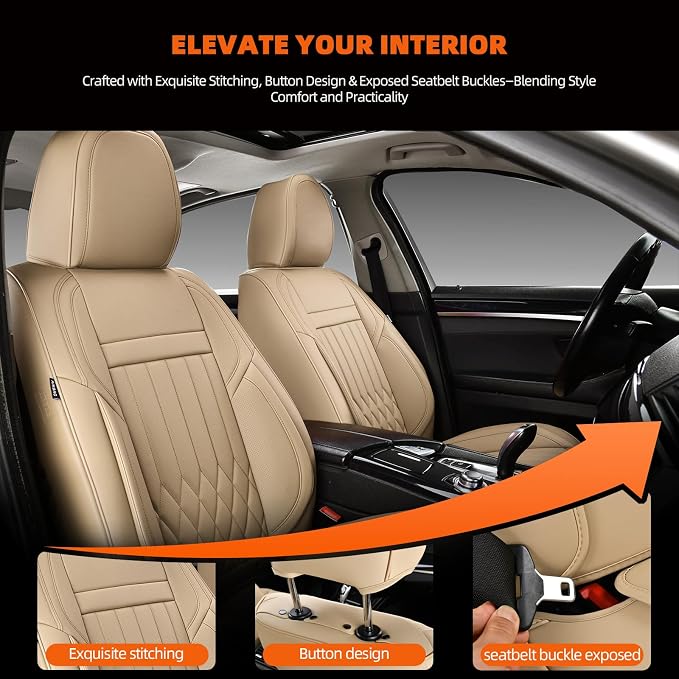 2-Seater Waterproof and Breathable Nappa Leather Car Seat Covers Full Set, Fit for Front Seats of Cars, Compatible with Airbags, Car Seat Protector Covers for Most Cars - Beige