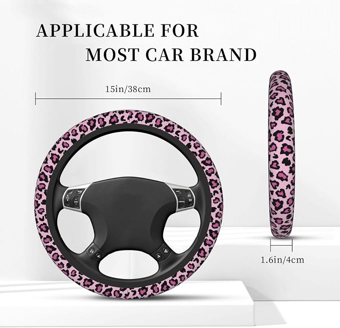 Pink Leopard Print Elastic Steering Wheel Cover, Non-Slip Breathable Neoprene Steering Wheel Covers, Women Pink Car Accessories, Universal 15 Inch Fit Auto, Suvs, Truck