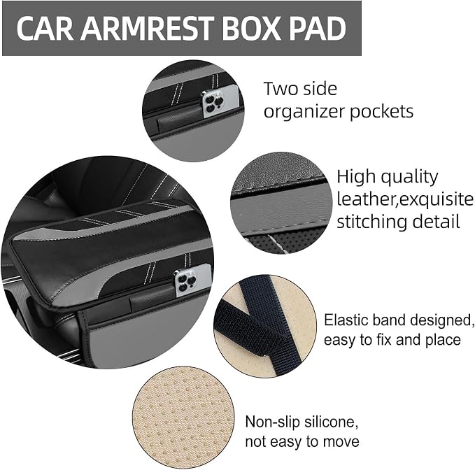 NBTEPEM 6 Pcs Grey Car Accessories Set, Sport Leather Steering Wheel Cover 14.5-15inch Universal, Microfiber Leather Car Center Console Cover, Seat Belt Cushion, Cup Holder Coaster (Black-Grey)