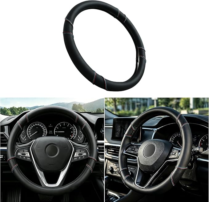 Microfiber Leather Steering Wheel Cover Universal 14.5-15 inch (Black) | Anti-Slip Lining, Breathable and Soft Material, Compatible with Most of Cars and Trucks