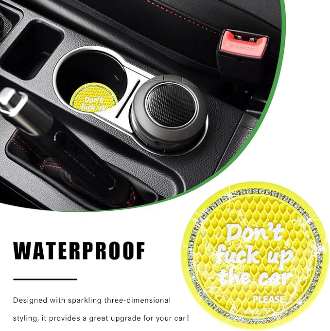 Ziciner 4 Pack Bling Car Cup Holder Coaster, 2.75 Inch Anti-Slip Auto Insert Cup Coaster, Crystal Car Drink Cup Mat Perfect for Women Girls, Universal Interior Decor Accessories (Yellow)