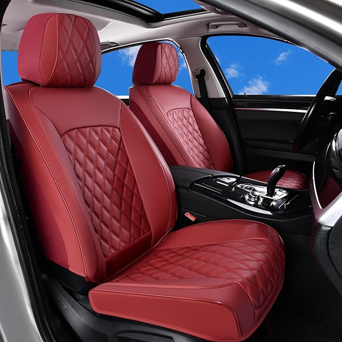 Huidasource Red Seat Covers, Car Seat Covers Nappa Leather Universal Fit for Most Cars, Vans, Trucks, SUVs, Compatible with Airbags, Child Seat, Automotive Seat Covers Velcro Adjustable (Full Set/Red)