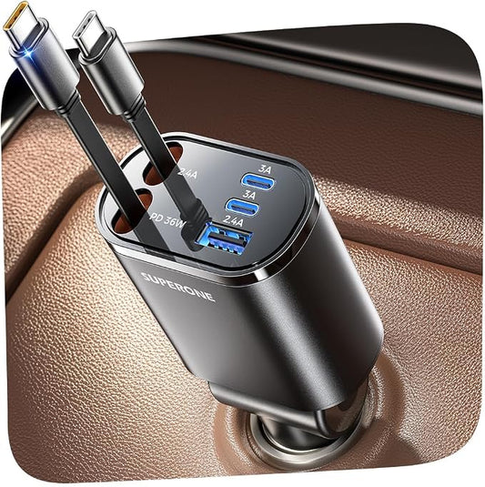 SUPERONE 5 in 1 Retractable Car Charge with Dual Type C Cables, 90W Fast Charging Car Charger, Ultra-Compact USB C Car Accessories Adapter for iPhone 17/16/15/14/13, Galaxy, iPad, Black