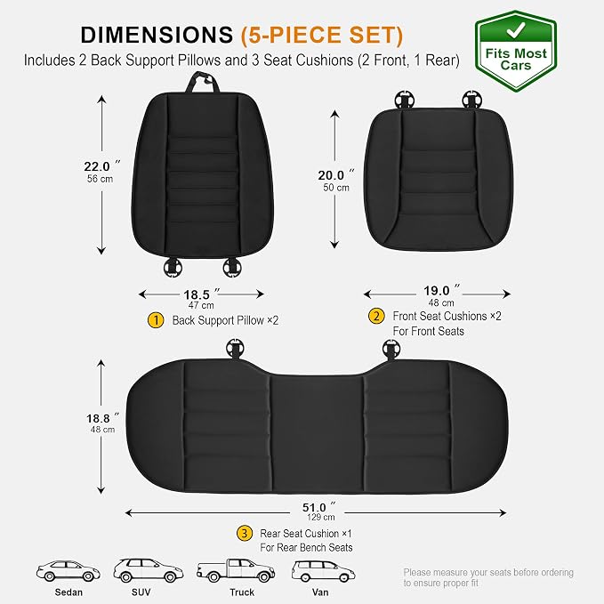 kingphenix 5-Piece Car Seat Cushion Set with Back Support | Full Back Support Pillow and Seat Cushion for Long Driving, Road Trips, Truck, Van, SUV, Black