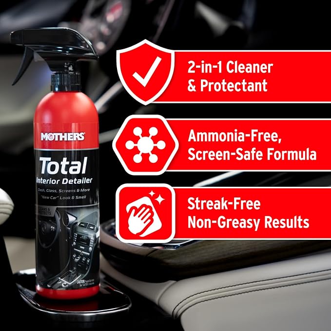 Mothers Total Interior Detailer, 24 oz. (05434) | Cleans & Protects Dash, Glass, Screens, Ammonia-Free Formula Removes Dirt, Oily Film & Fingerprints, No Streaks or Residue