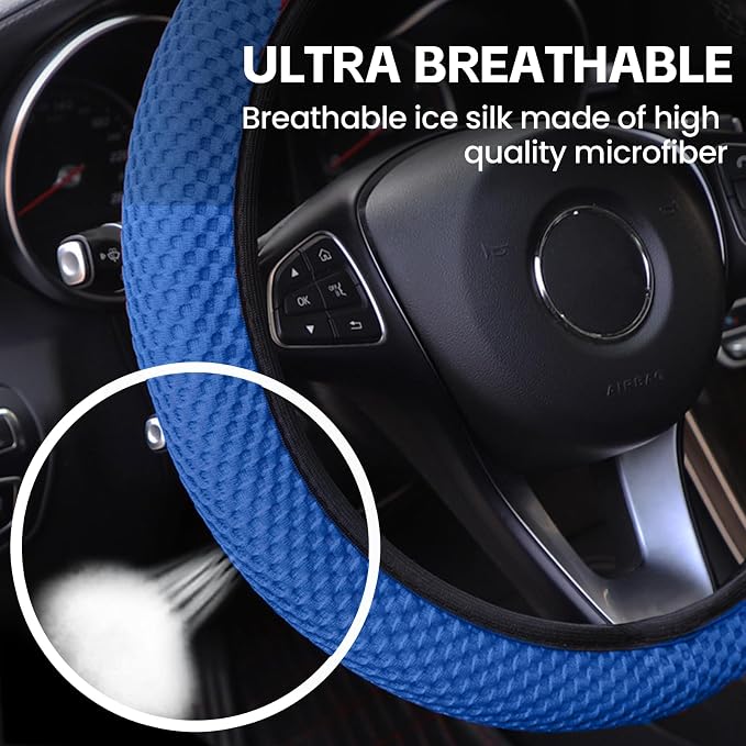 Elastic Stretch Car Steering Wheel Cover, Comfortable Steering Wheel Cover Universal for 14.5-15 Inch, Warm in Winter & Cool in Summer, Anti-Slip Breathable Ice Silk (Blue)