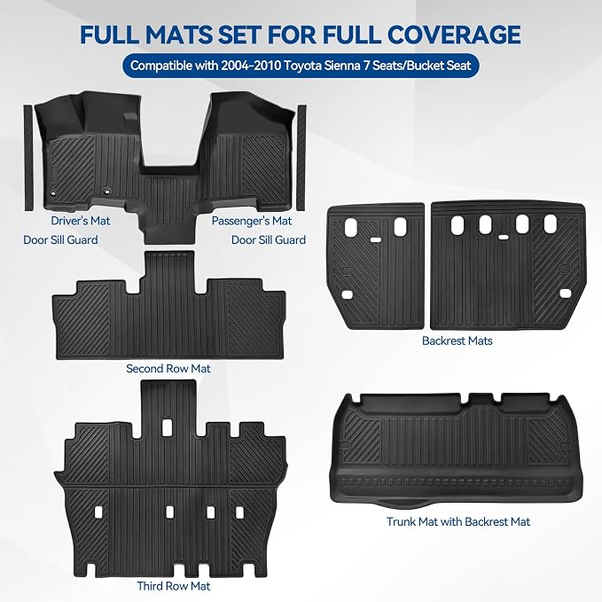 Custom Fit Floor Mats for 2004-2010 Toyota Sienna 7 Seats/Bucket Seat | All Weather TPE Floor Liners & Trunk Mat & Backrest Mats & Door Sill Guard | Odorless Full Set Interior Accessories