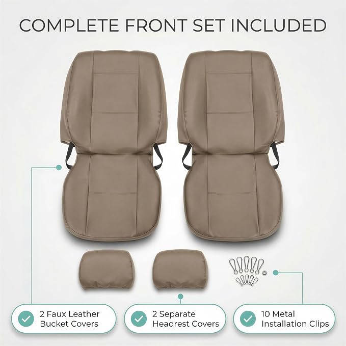 FH Group Car Seat Covers PU Leather Automotive Seat Covers Front Set, Tan Seat Covers Pair Set with Gift Universal Fit Interior Accessories for Cars Trucks and SUVs