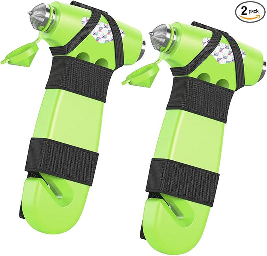 Car Safety Hammer, 3-in-1 Emergency Escape Tool with Window Breaker and Seat Belt Cutter, Safety Emergency Car Escape Tool for Car, Office, Home, 2PCS Green