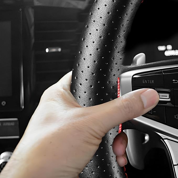 Genuine Leather Steering Wheel Cover, 15 Inch Stitch on Wheel Wrap with Needles & Threads, Breathable Steering Wheel Protector DIY Sewing Wrap for Car Truck SUV (Black & Red, Full Hole)
