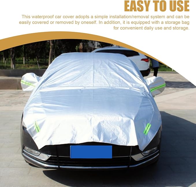 Shakas Half Car Cover, Sun Protection Heat Insulation and Anti-hail Protector for All Seasons, Oxford Velvet Thickened Waterproof Foldable Outdoor Car Cover, for Most Sedans (Silver)