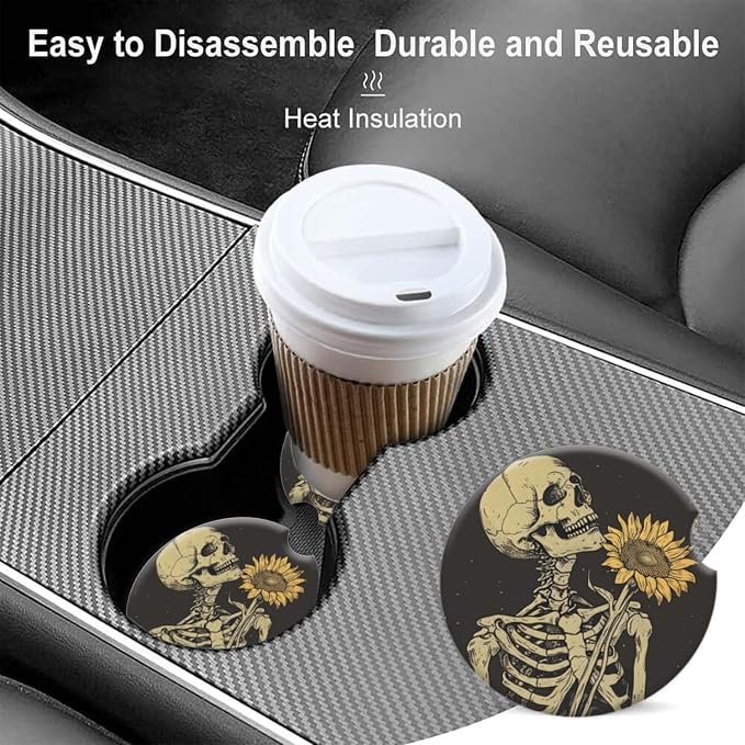 Cup Holder for Car,Skull Embracing A Sunflower Design Ceramic Coasters Non-Slip Cup Holder Insert with Fingertip Grip, Auto Interior Accessories for Women & Men,Pack of 2, 2.56In