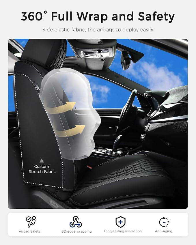 Huidasource Car Seat Covers Full Set, Seat Covers Nappa Leather Universal Fit for Most Cars, Vans, Trucks, SUVs, Compatible with Airbags, Child Seat, Car Seat Cover Velcro Adjustable (Full Set/Black)