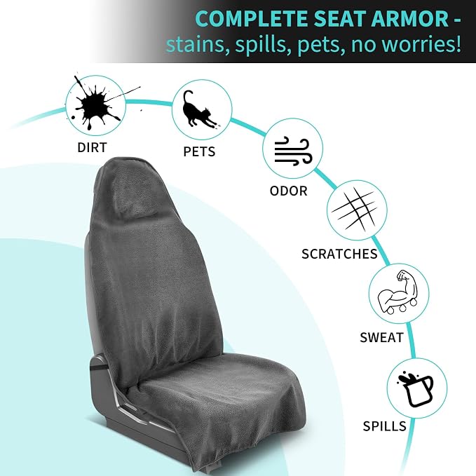 Waterproof 2 Pack Car Seat Towel Covers(Grey, 2 Pcs) | Non-Slip Sweat Absorbent, Universal Fit Front Bucket Seat Cover, Washable Towel Seat Protector