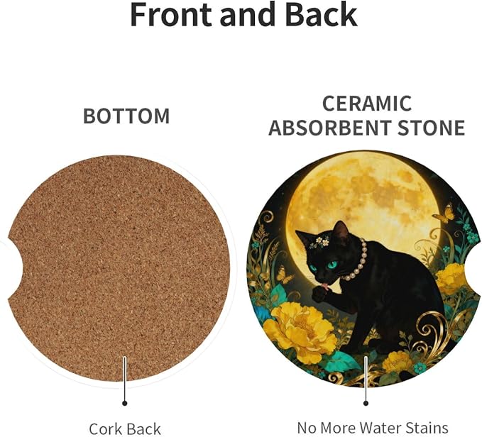 Black Cat Golden Moon Flower Bushes 2 Pack Car Cup Holder Coasters Absorbent Ceramic Drink Coasters 2.56" Anti Slip Cup Mat with Cork Base Finger Notch Auto Accessories Interior for Women Men
